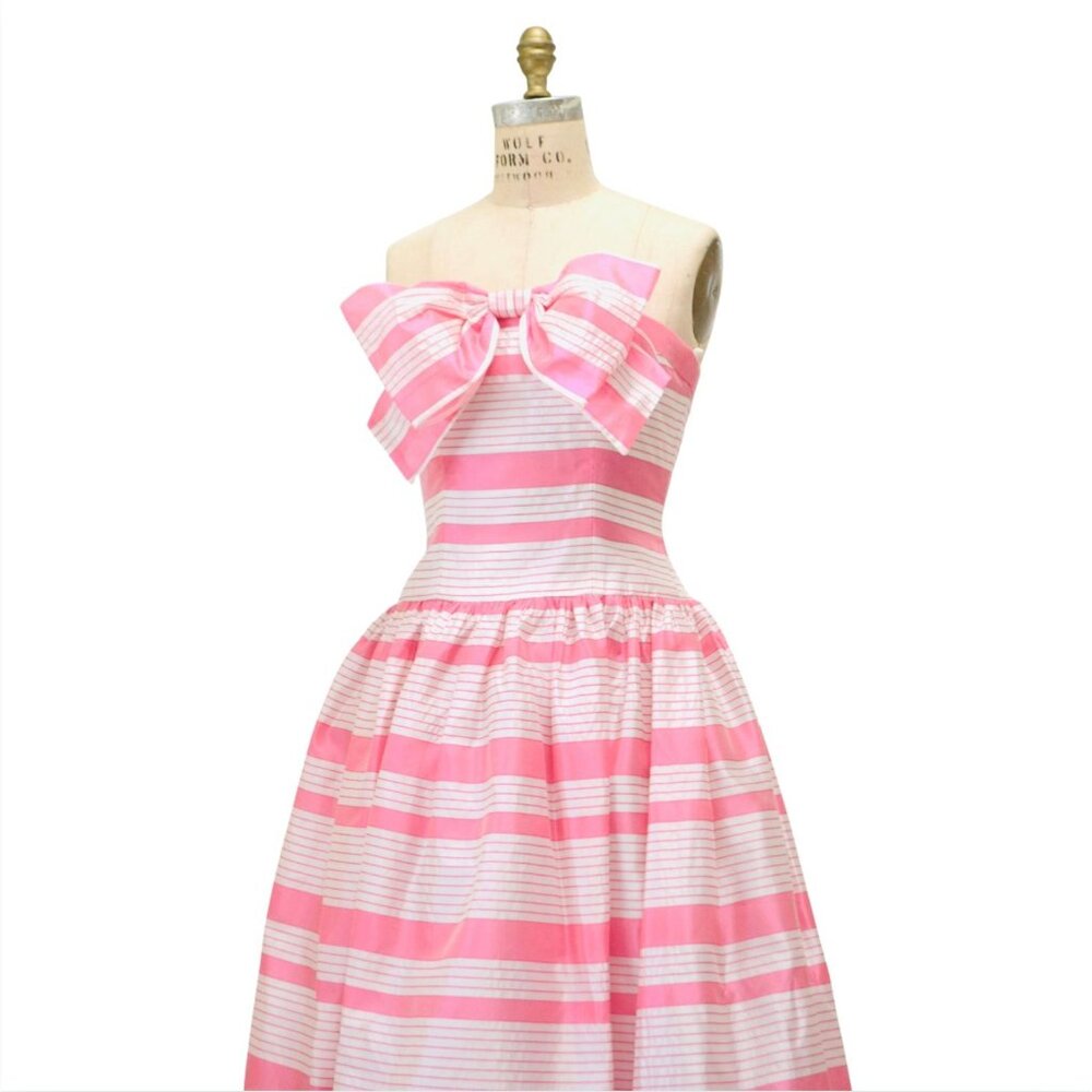 Victor Costa Pink Strapless Dress With Bow Detail 1980s Size 6 Silk Blend - Picture 2 of 5